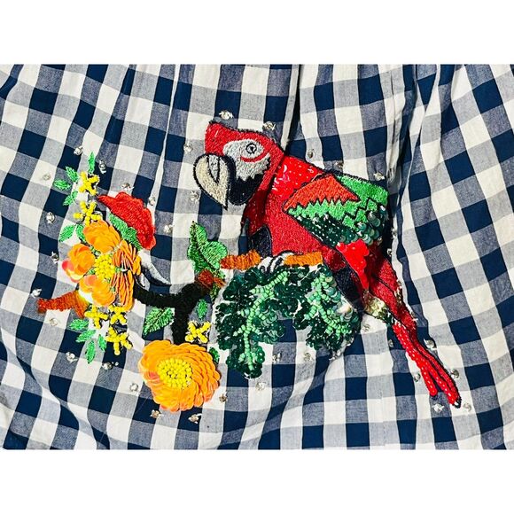 Zara Woman Navy Gingham Embroidered Parrot Babydoll Tank Large - Picture 6 of 9